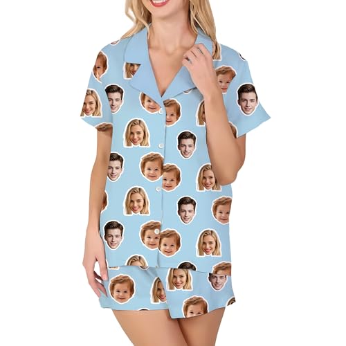 Personalized Women Pajamas Set with Photo, Custom Pet Face Button Down Pajamas Lounge, Gifts for Wife Girlfriend Mom