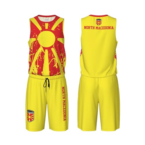 North Macedonia Flag Grain (2) Basketball Jersey Uniform Suit for Men Women Adults Training Athletic Set
