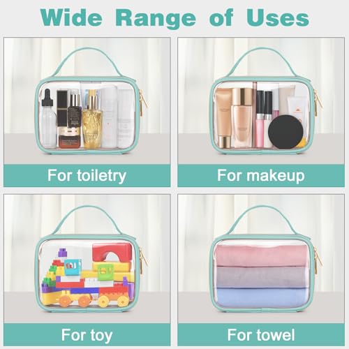 Image of Wedama TSA Approved Toiletry Bag, 3 Pack Clear Makeup Bags with Handles, Quart Size PVC Clear Cosmetic Bags for Women and Men, Carry on Airport Airline Compliant Bag, Cyan Green