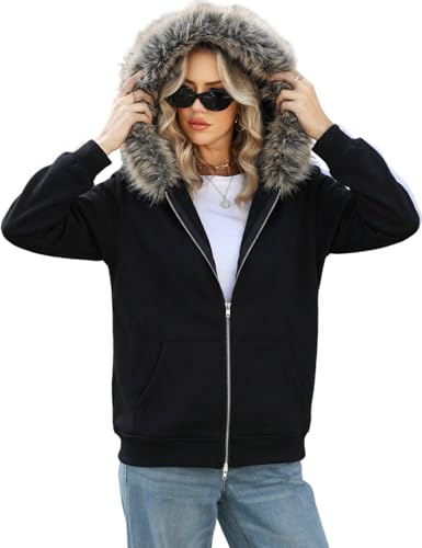 Wyeysyt Women's Y2k Hoodie Jacket Faux Fur Zip Up 2000s Clothing Emo Grunge Coat 90S Hood Vintage Teen Sweatshirts(Black,L)
