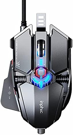 INPHIC Mechanical Gaming Mouse, High Performance Wired Mouse 7200 DPI, 7 Programmable Buttons & Adjustable Mouse Length, On-Board Memory, Metal Mouse Backlit for Office or FPS Gamer