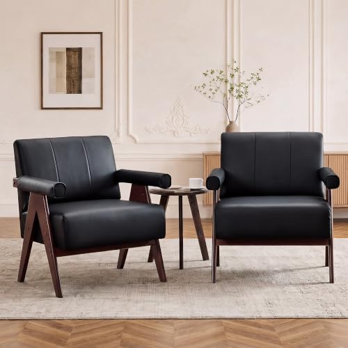 STHOUYN Faux Leather Accent Chairs Set of 2, Wooden Arm Chairs (Black)