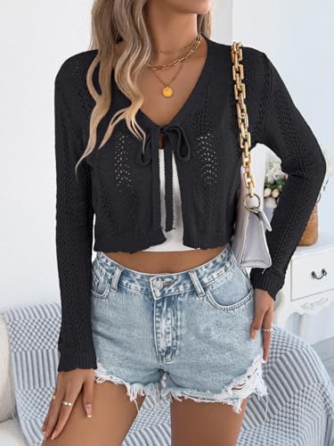 Image of Spicy Sandia Tie Front Sheer Shrug 3 /4 Sleeve Cropped Crochet Cardigan for Summer Lightweight