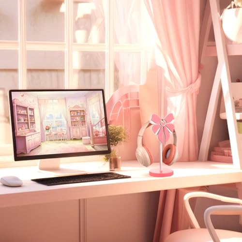 Kingdder Pink Bow Headphone Stand Cute Wood Headphone Stand Adorable Headset Holder Accessories Gamer Gifts for Teenage Women Teacher Girlfriend Office Worker Wife Gamer Room Decor Office Desk