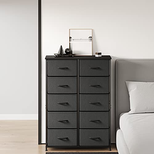 Fezibo Dresser Organizer, Chest Of Drawers-Dresser For Bedroom, Hallway, Entryway, Closets, Furniture Storage Tower-Steel Frame, Wood Top, 10 Drawers Organizer Units-Black Grey #TOP1