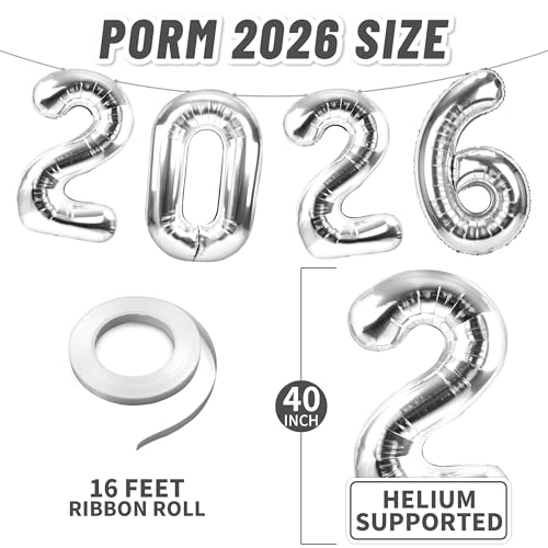 Image of Prom 2026 Balloons Silver 40 Inch Giant - Prom 2026 Decorations Decor for Graduation Party Foil Mylar Balloons Banner Sign