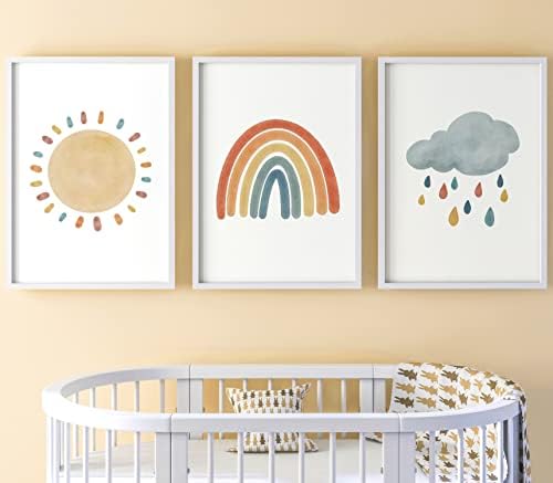 Rainbow Sunshine Cloud Quotes Set of 3 Unframed Prints, Girls Boys Nursery Bedroom Decor Wall Art, Playroom Poster, Be Happy Be Kind Be Brave (A3)