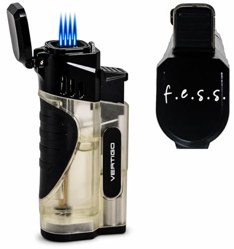 F.e.s.s. Stinger Quad Torch Lighter with Built-in Punch Cutter – Wind-Resistant, Refillable Butane Lighter for Cigars and More By Lotus Vertigo (Clear)
