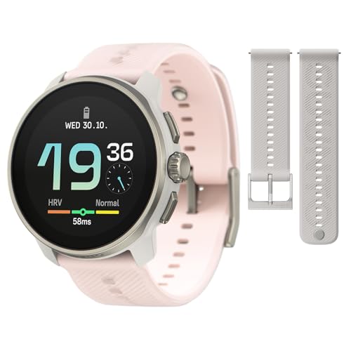 SUUNTO Race S GPS Sports Watch, 1.32" AMOLED Touchscreen w/Crown Powder Pink & SUUNTO 22 ATH6 Silicone Strap Powder Gray S+M