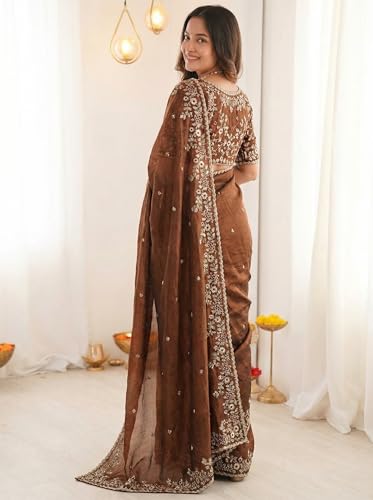 Image of ORHANS Women's Tissue Silk Ethnic Motifs Embroidered Tissue Heavy Work Saree with Embroidered With Unstitched Blouse Piece Blouse Piece | Beautiful Saree for Women | Traditional Indian Sari