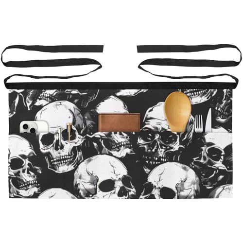 Tablier court pour bistrot et cuisine : lot de 3 avec poches au motif crâne multicolore