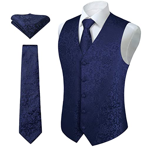 Hisdern Men's Floral Wedding Party Waistcoat Necktie Pocket Square Handkerchief Jacquard Vest Suit Set , Navy Blue 1, 6XL(Chest size 64 inch)