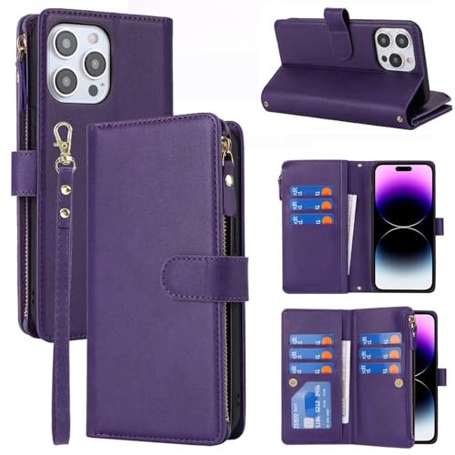 Jaorty Wallet Case for iPhone 15 Pro with Wrist Strap,6.1",Purple