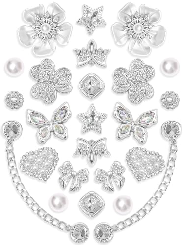 Acwenie 24pcs Plastic Bling Shoe Charms Set –Pearl, Butterfly, Flower & Chain Decorations for Clogs & Sandals – Cute Accessories for Women & Girls Gift