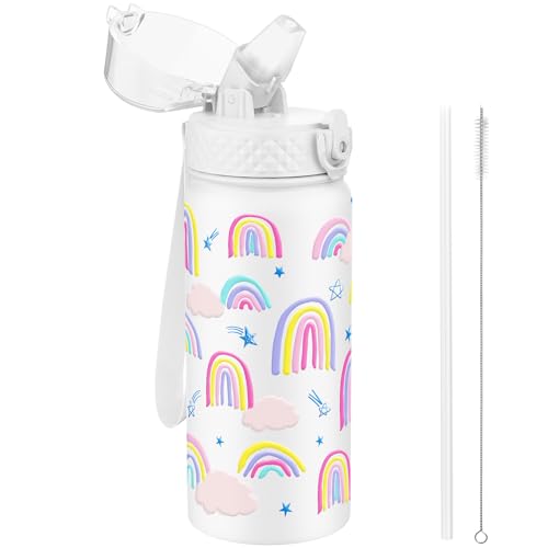 GOPPUS 550ml/18oz Kids Insulated Water Bottle with Straw Cute Double Wall Stainless Steel Child's Small Flask Vacuum Insulated Steel Metal Leak Proof Drink Flask Boys Toddler Girls Flask BPA-Free