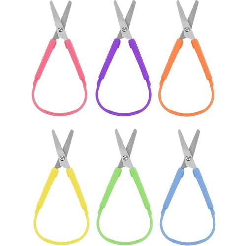 Hysgscwd - 6 Pcs Mini Loop Scissors, Safety Crafts Scissors, Colorful Self-Opening Adaptive Spring Scissor, Right and Lefty Support, Easy-Open Squeeze Handles, Training Shears for Sewing Special Needs