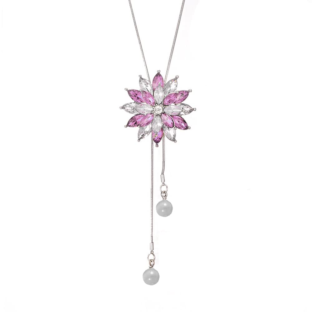 TOFBS Largo Colgante Collares Mujer Plata Cristal Flor Perlas Borlas Circón Suéter Ajustable Vestido Collares Conjunto Joyería Moda Regalos