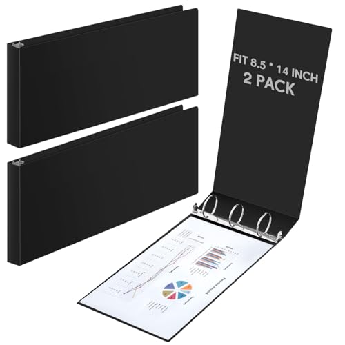 Humyoun 2 Pcs 8.5 x 14 Landscape 3 Ring Legal Size Binders 1 Inch Round Ring Binders Heavy Duty Economy Holds 8.5  x 14 Paper for Artwork Blueprints Office Home Work Places (Black)