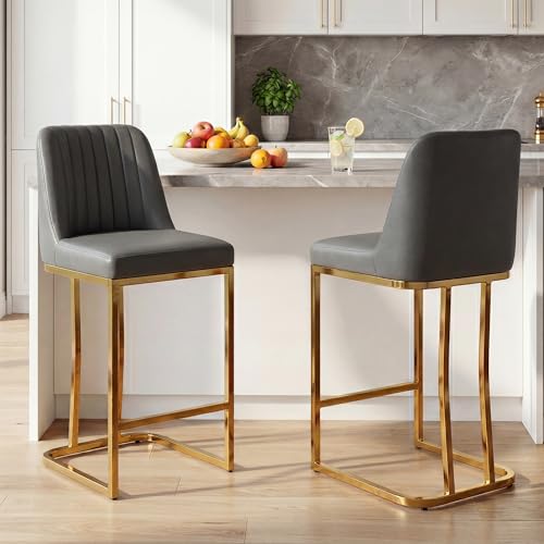 Image of LSSBOUGHT Counter Height Bar Stools Set of 4, Gray Counter Stools with Back and Gold Metal Frame,Modern Barstools with Footrest, Upholstered Pu Bar Chairs for Kitchen Island(4pcs,Dark Gray)