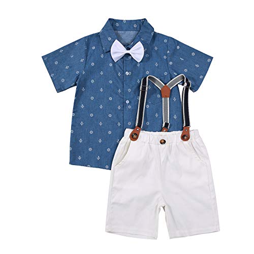 Toddler Boys Gentleman Outfits Suit Short Sleeve Shirt Tees+Suspenders Pants+Bow Tie Overall Clothes Set for Little Boy (Blue,5-6Years)