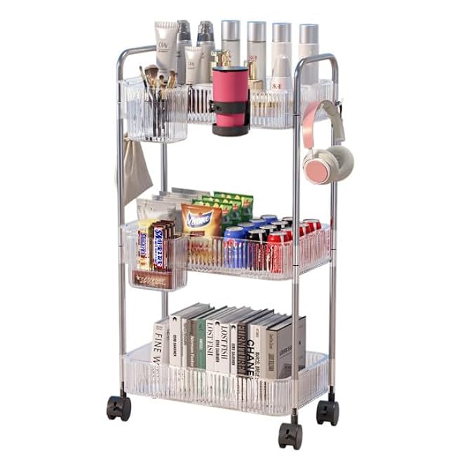 3 Tier Rolling Cart with Wheels: Clear Space-Saver Utility Storage Trolley with Hanging Cups Hooks for Dorm Bathroom Storage - Rolling Utility Cart for College Girl Dorm Snack Makeup Book-GZNVoh3C