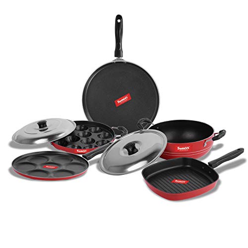 Image of Sumeet Aluminium 2.6mm Thick Non-Stick Rubrum Cookware Set (Dosa Tawa 26.5cm Dia + Multi Snack Maker 26.5cm Dia + Kadhai with Lid 1.5Ltr + Grill Appam Patra with Lid 23cm Dia + Grill Pan 1.1Ltr, Red)