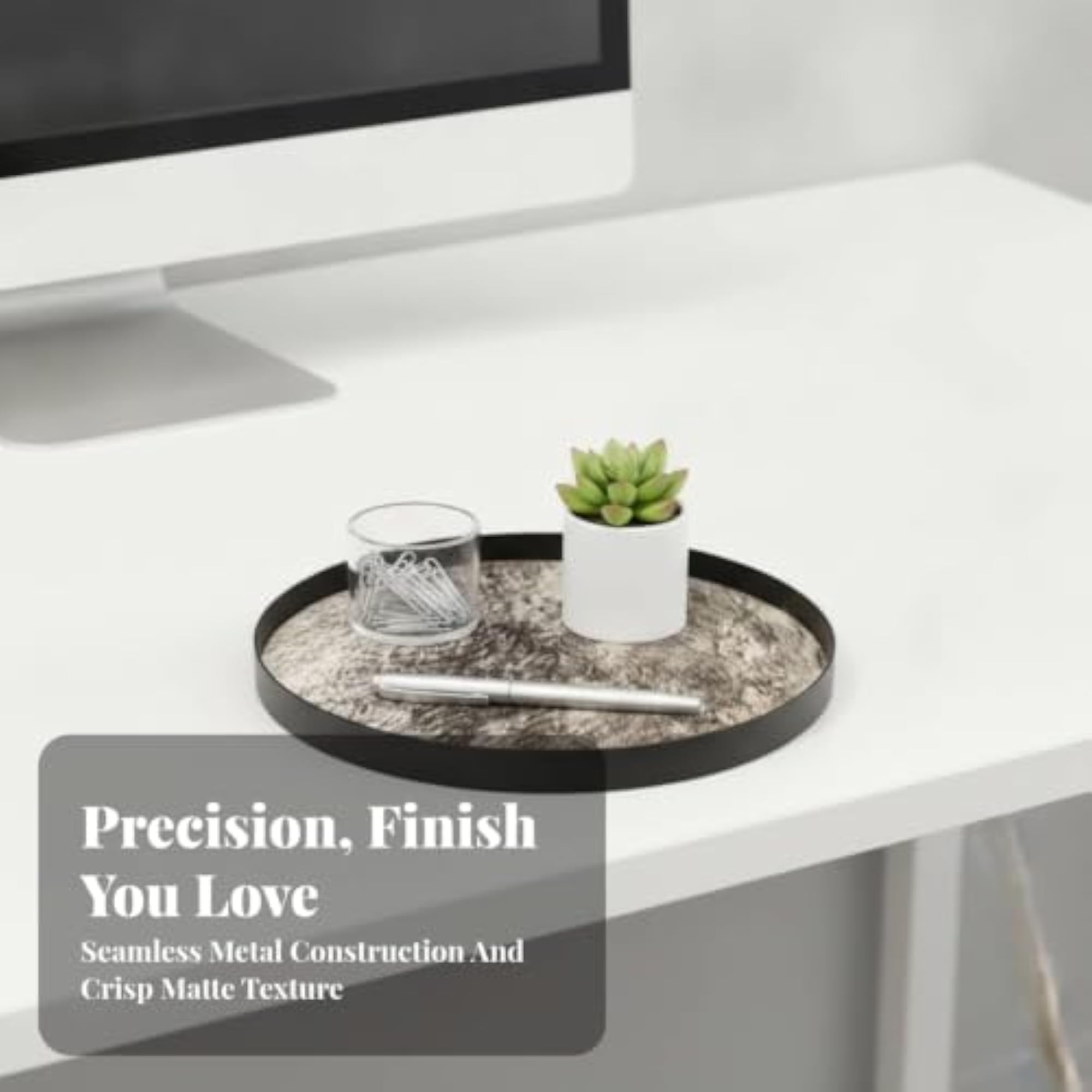Decorative Round Tray with Metal Rim, Low-Height Design