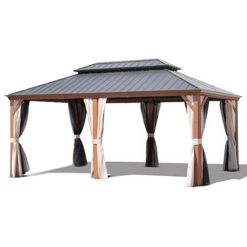 Joyside 12' X 18' Double-Tier Hardtop Gazebo, Thermal Transfer Faux Wood Metal Gazebo with Galvanized Steel Roof Curtain and Netting, Permanent Gazebo Pavilion for Patio, Backyard, Deck, Lawn - Image 9