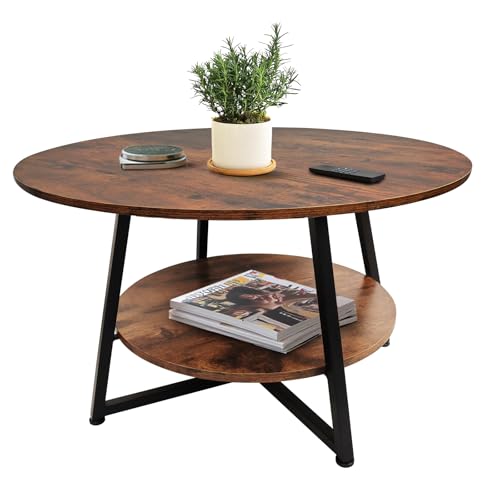 DOKKOME Round Wood Coffee Table, 2-Tier Rustic Circle Coffee Table