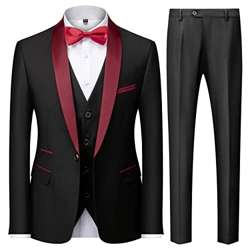 Men's 3 Piece Tuxedo Suit One Button Jacket Suits for Men Slim Fit for Wedding Prom Blazer Vest Pants Red