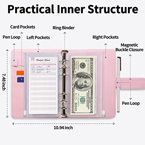 Sooez [Holographic Collection] Money Organizer For Cash, A6 Leather Budget Binder With Zipper Envelopes, 43 Large Rose Gold Sticky Labels & 24 Colorful Budget Sheets, Money Saving Binder For Budgeting #TOP5