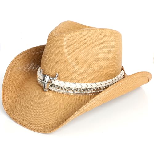 Image of WQWOVRVO Cowboy Hat,Cowgirl Hat,Western Cowboy Hats for Women /Mens /Straw Wide with Shapeable Brim Cowboy Hat for Womens