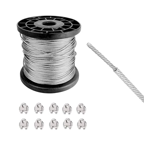 WENLISELL 10m Stainless Steel Wire Cable with M5 Cable Clamp, 7x7 Strand Core 5mm PVC Coated Wire Rope for Garden, Fence, Hanging