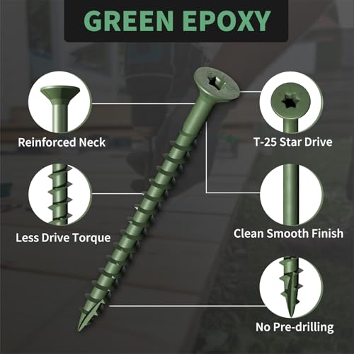 Image of Wood Screws 2-1 /2 Inch, FIXLINK Deck Screws #10 x 2-1 /2 inch, 105 PCS, Epoxy Coated, T25 Star Bit Above 1500 Hour Salt Spray Coating Outdoor Decking Screws Excellent Rust Resistant for Wood Fence, Green