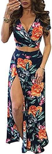 Aro Lora Women's Sexy V Neck Floral Printed Side Slit Two-Piece Maxi Dress Large Multicolor