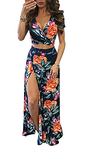 Aro Lora Women's Sexy V Neck Floral Printed Side Slit Two-Piece Maxi Dress