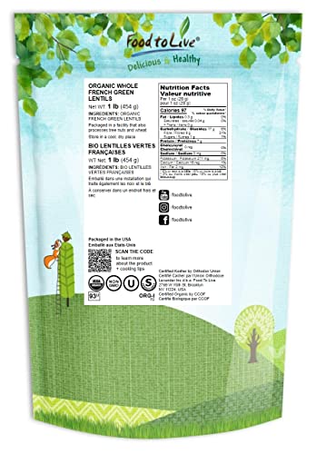 Organic French Green Lentils, 1 Pound – Non-Gmo, Whole Dry Beans, Raw, Sproutable, Vegan, Kosher, Bulk. Rich In Folate, Fiber, And Plant-Based Protein. Great For Soups, Chili, Stews, And Curries. #TOP1