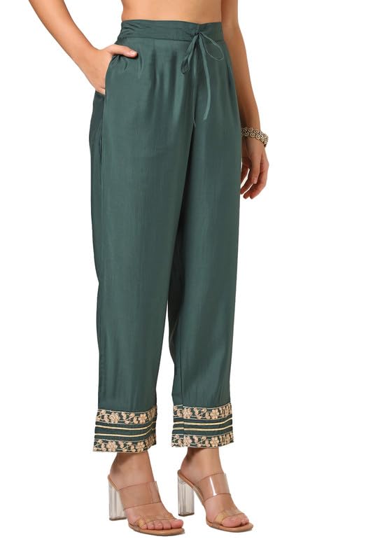 Image of Soch Womens Green Muslin Blend Embroidered Kurta Set With Gotta Patti