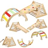 Toddler Indoor Gym Playset, 3in1 Wooden Climbing Toys, 3-Sided Wooden Triangle Climber with Climbing Net,Sliding Ramp, Sandbags & Board for Boys Girls Gift,Home & Daycare