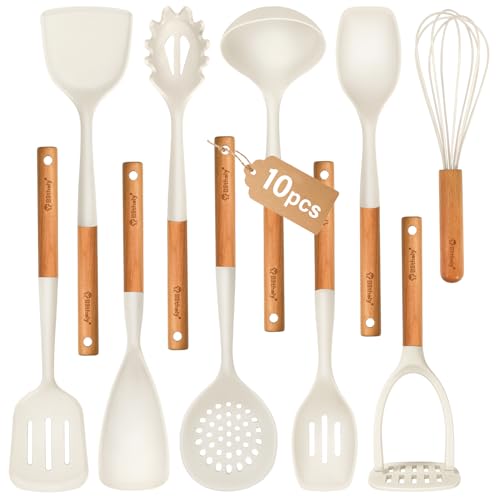 Silikon-Kochutensilien-Set, Antihaft-Küchenhelfer-Set mit Holzgriff, hitzebeständige Silikon-Utensilien zum Kochen, BPA-frei, Pfannenwender-Set mit Pfannenwendern, Löffel, Schöpflöffel, Skimmer, Weiß