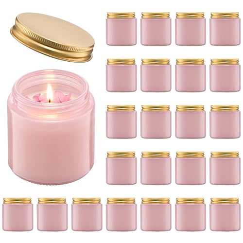 Danmu 3 oz Pink Glass Candle Jars with Gold Lids - Threaded Seal Candle Making Kit & Supplies, Thick Empty Candle Jars for DIY, Storage, Wedding Favors 24 Pack