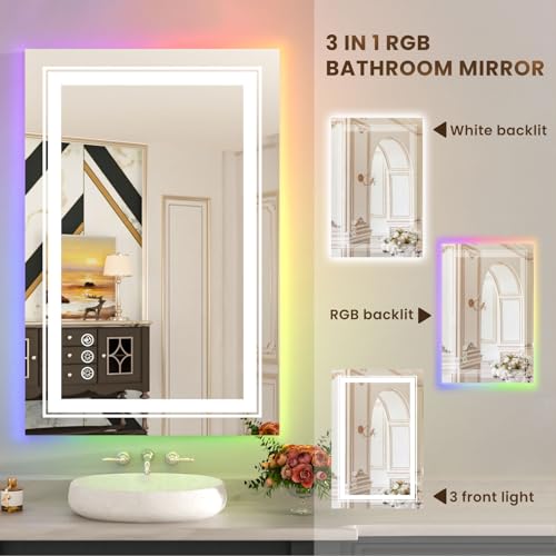 Image of WTTY LED Bathroom Mirror 20 inchx28 inch with RGB Backlit and 3 Front Light,Stepless Dimmable LED Mirror for Bathroom,Lighted Bathroom Vanity Mirror for Wall,Anti-Fog,Memory Function,Shatter-Proof