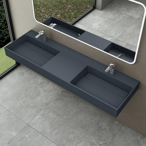 doporro Double Lavabo Suspendu Gris Noir Mat 160cm Double Vasque à Poser Lave Mains Rectangulaire de Qualité pour Salle de Bain 160x48x13cm Colossum12