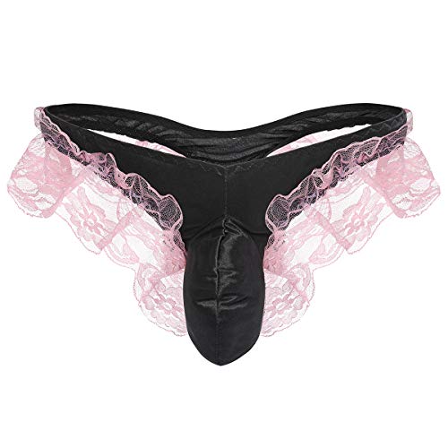 IBAKOM Men's Shiny Satin Frilly Lace Floral Sissy Pouch Thong Panties Maid Cosplay Crossdress Lingerie Briefs Underwear