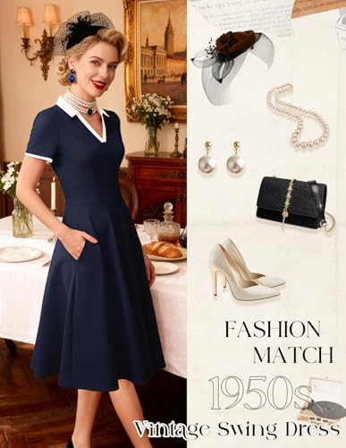 Image of Dressystar Women's 1950s Vintage Swing Dress Short Sleeve V Neck A Line Retro Rockabilly Cocktail Party Dresses With Pockets