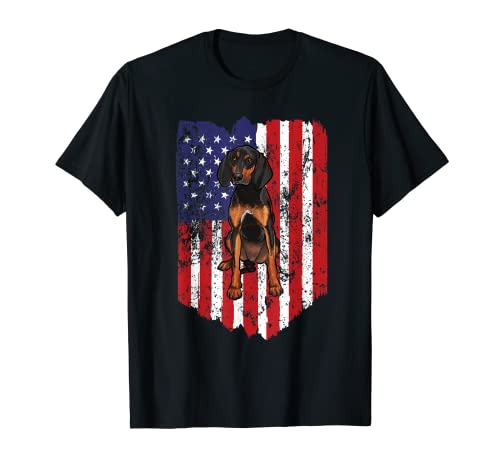 American Flag 4th of July Black and Tan Coonhound T-Shirt