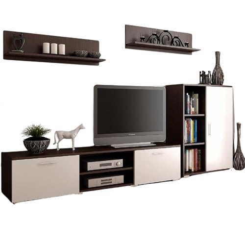 Per la vita Schrankwand Weiß Wenge Szopen – Modernes Regalwohnzimmer Set in Weiß/Wenge - Möbel Modern mit integriertem Wohnzimmerschrank, TV Schrank, Sideboard & Wandregal