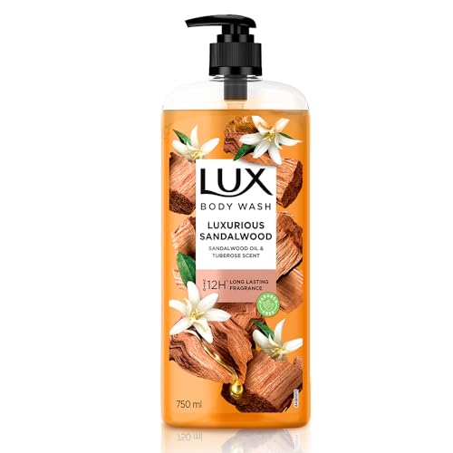 Lux Body Wash LUXURIOUS SANDALWOOD with Sandalwood Oil & Tuberose scent SuperSaver XL Pump Bottle with upto 12H* Long Lasting Fragrance|| Glycerine|| Paraben Free|| Rich Foam|| 750 ml