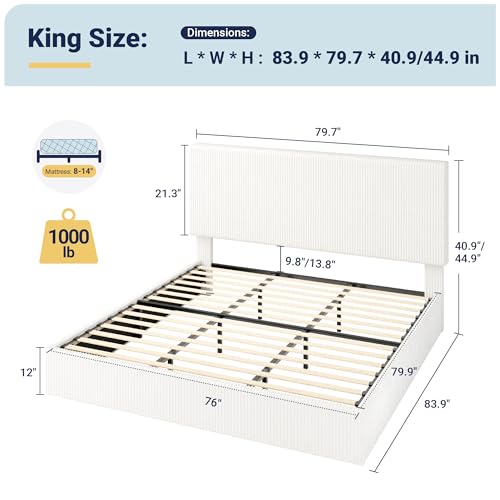 Image of Allewie King Bed Frame, Adjustable Corduroy Headboard, Platform, White | Adjustable Headboard, Corduroy Fabric, Low Profile, Wooden Slats, 1000 lb Capacity, No Box Spring Needed