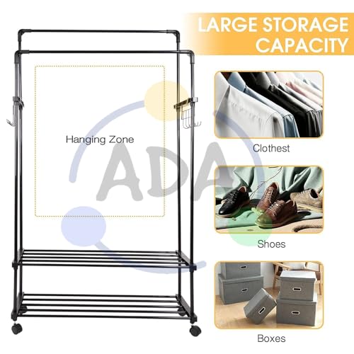 Image of ADA Premium Heavy Duty Dual Layer Metal Garment Rack with 2-Tier Clothes Rail, 10 Side Hooks, Freestanding Cloth Stand for Bedroom & Laundry Room - Black (84 x 30 x 155 cm)